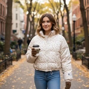 No Boundaries Womens Puffer Jacket Floral Print Cream Size L 12‎ 14 NEW!
